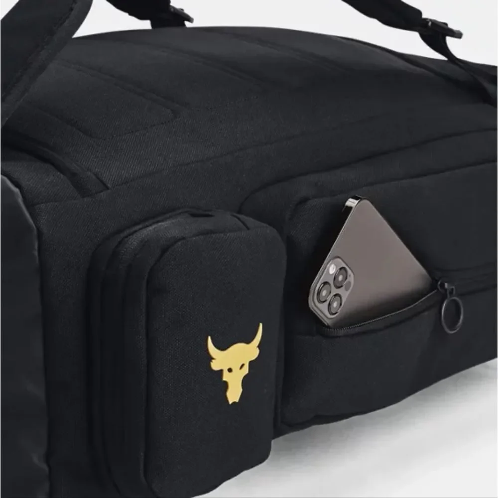 UA Under Armour Project Rock Duffle Backpack Bag Black Gold Gym New 1376459-002